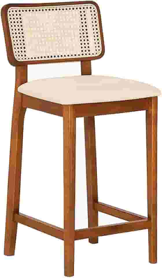 Banqueta Alta Madeira Maciça Com Encosto Curvado em Rattan Tecido Linho Bege Claro - Lilia