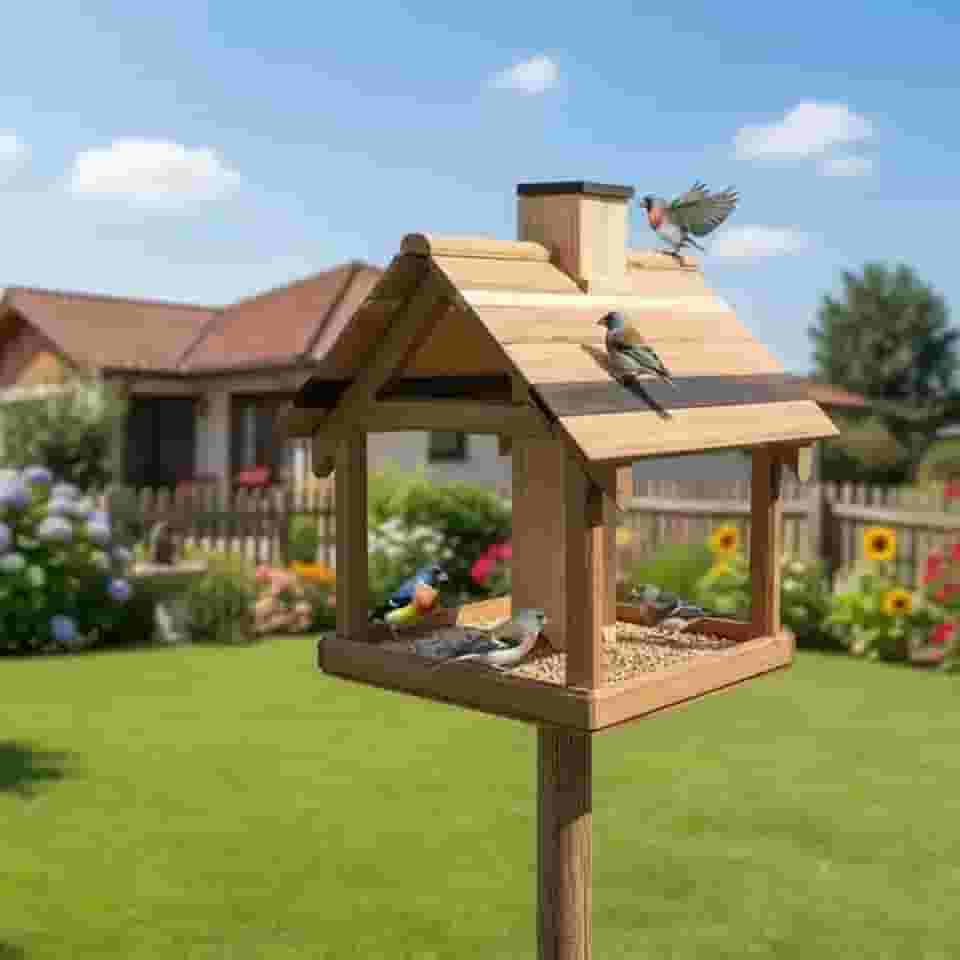 Genérico - Comedouro para Pássaros em Madeira de Demolição com Dosador Automático, 37x32x44 cm, Acompanha Haste de Sustentação