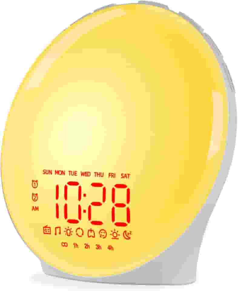 Despertador acordar com luz do nascer do sol para todos, simulação do pôr do sol ao nascer do sol, auxílio para dormir, alarmes duplos, rádio FM, soneca, luz noturna, 13 cores, 23 sons de sono,