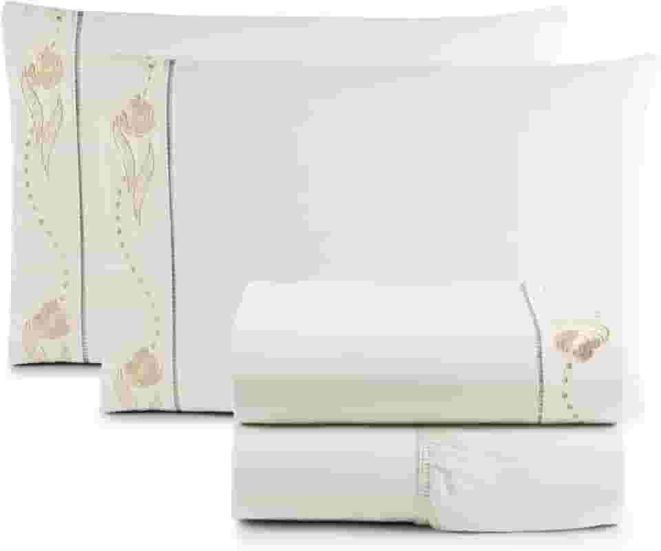 Jogo de Cama Lençol Queen Bordado Imperial Realeza 4 Peças 200 Fios Percal 100% Algodão (PALHA)