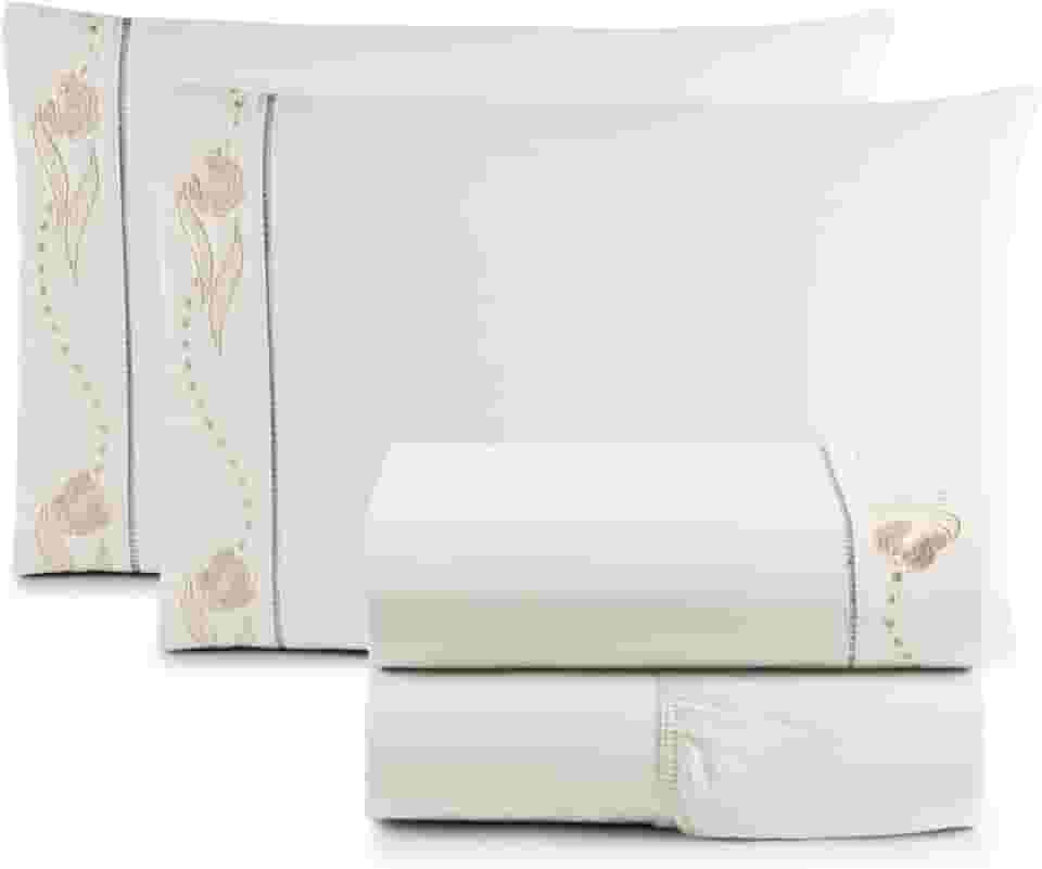 Jogo de Cama Lençol Queen Bordado Imperial Realeza 4 Peças 200 Fios Percal 100% Algodão (PALHA)