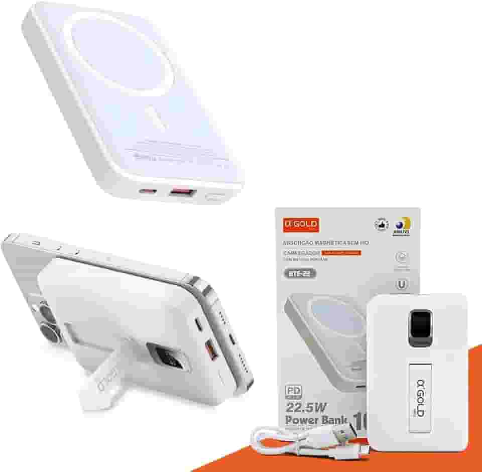 Power Bank 10.000mAh Turbo Carregador Portátil Universal por Indução Carregamento Ultra Rápido Suporte Dobrável Compatível Com Todo Celular Com Carregamento Magnético - Linha Premium AGold - Branco