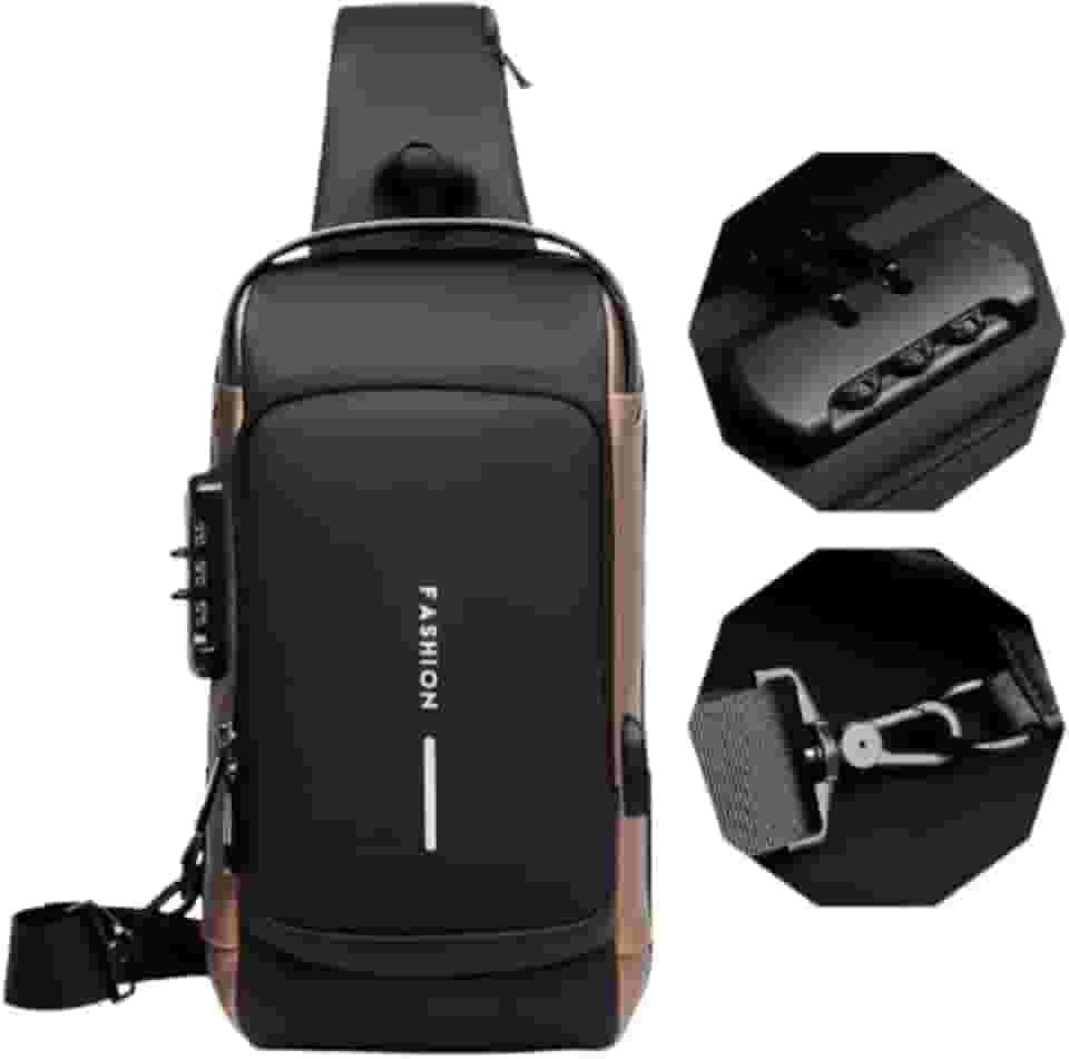 Bolsa Masculina Pochete de Couro Antifurto, Impermeável, com USB, Transversal, Couro, Anti-Roubo, Esportiva, Academia (Preto com Dourado)