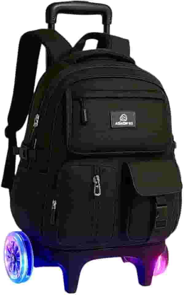 Mochila Escolar com Rodinhas LED, 3 Compartimentos, 4 Bolsos, Alça Dupla, resistente e regulagem de altura, Unisex