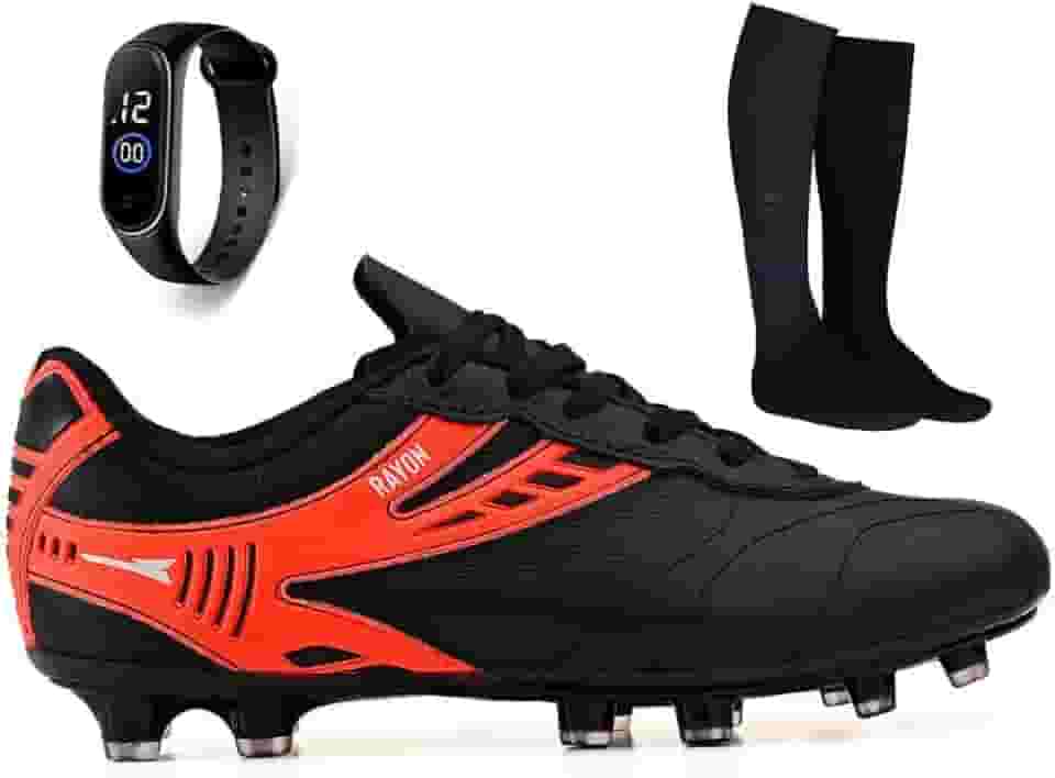 Kit Chuteira de Couro Futebol Campo Grama Natural + Meião + Relogio Adulto