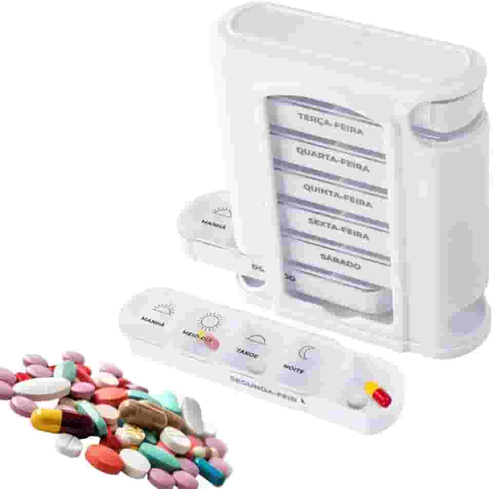 Porta Comprimido Semanal Compacto Organizador de Medicamentos com 4 Horários Manhã Meio Dia Tarde e Noite Deixe Seus Remédios e Vitaminas Organizados