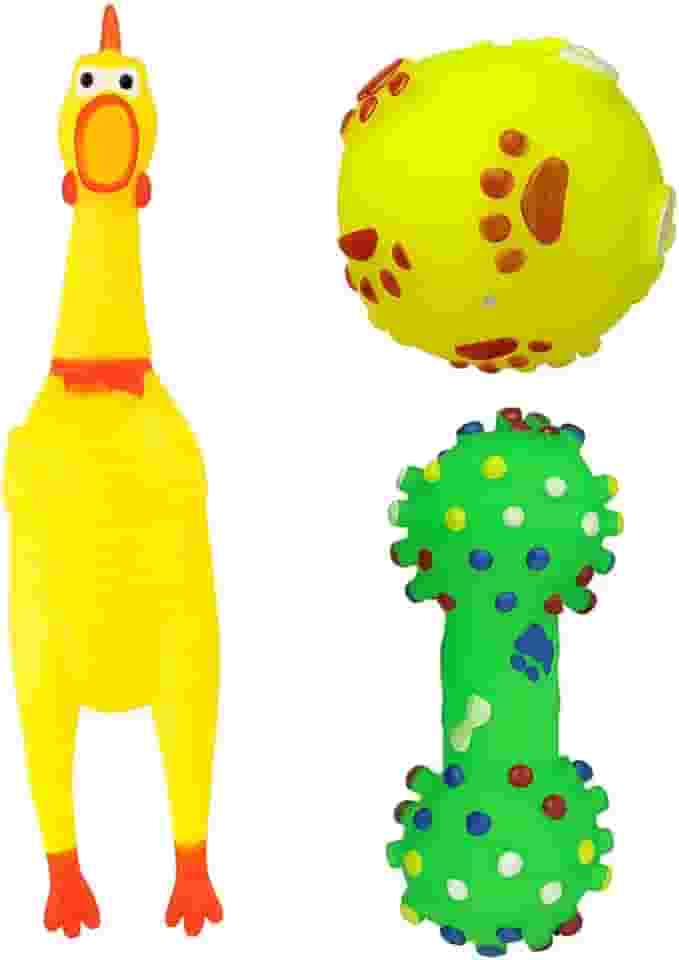 Kit 3 Mordedores Brinquedos Pet Cachorro Todos os Portes Apito Sonoro Squeaker Galinha Bolinha Halteres Borracha Resistente Durável Produtos para Pet Premium