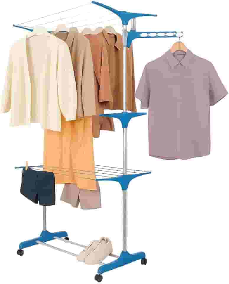 Varal de Chão Dobrável para Secagem Rápida de Roupas - Grande Capacidade até 30 Kg - Retrátil com Rodinhas – 3 Andares Verticais, Reforçado e Compacto, Estrutura Portátil