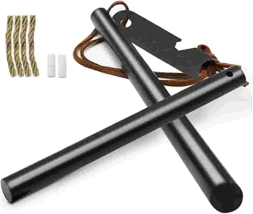 Ferramenta de sobrevivência para iniciantes de fogo, kit de haste de ferro com cordão de pescoço de couro e multiferramentas, ignição de sobrevivência de pederneira e aço com corda e aba para