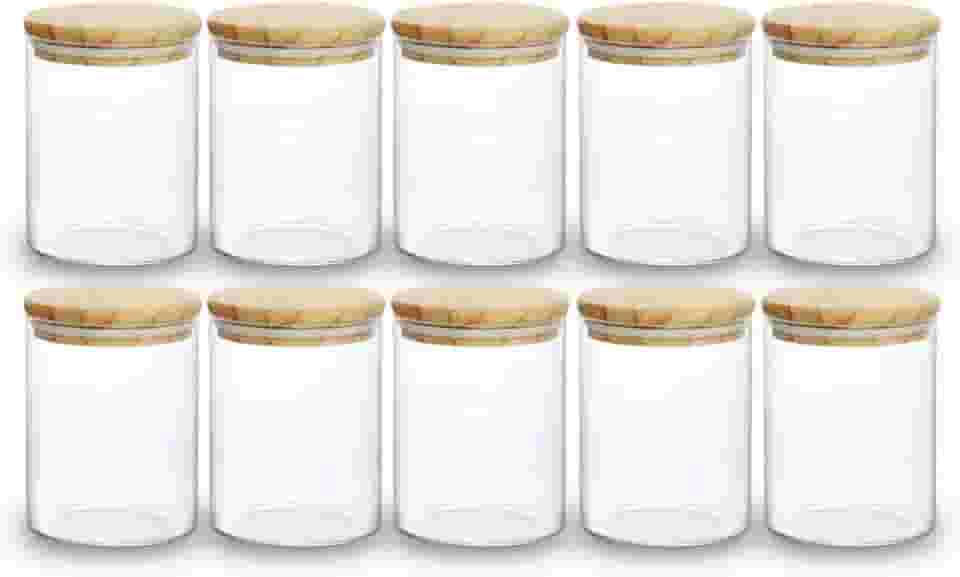 Kit 10 Potes de Mantimentos Herméticos 300ml Pote Redondo de Vidro Tampa De Bambu Premium