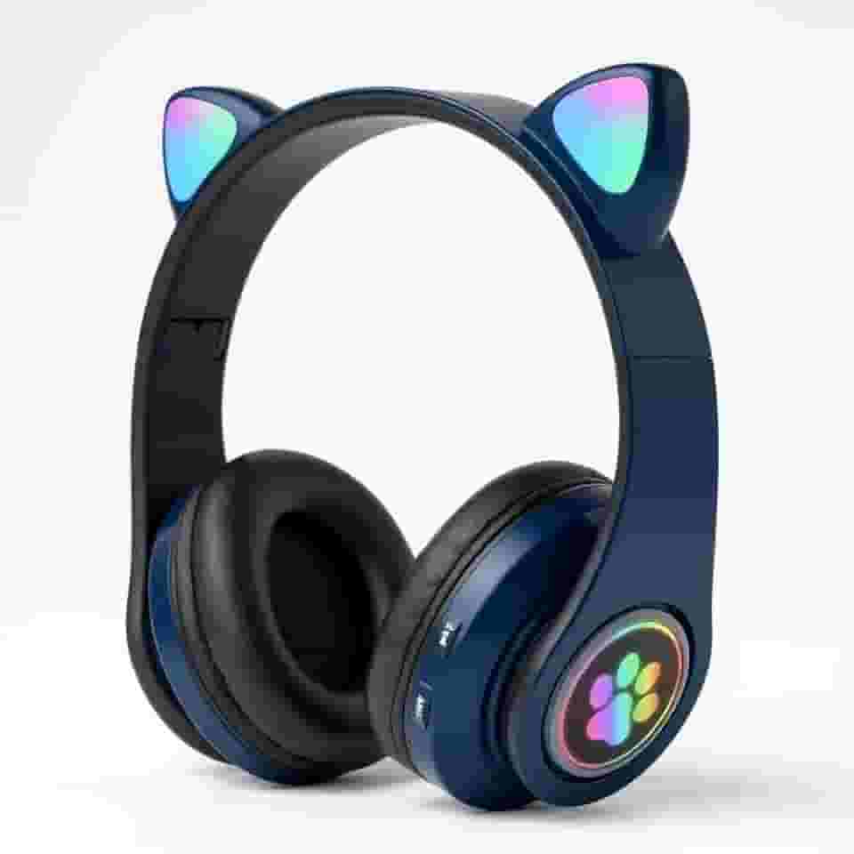 Fone de Ouvido Infantil Bluetooth com Orelhas de Gato, Luzes RGB, Dobrável, Ajustável, Conforto Prolongado e Conectividade Multiuso (Azul)
