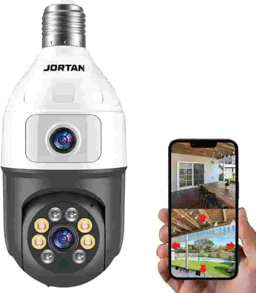 Câmera de Segurança Lâmpada Wi-Fi, Detector de Movimento e Rotação de 360°, Lente Dupla 1080P FHD Colorida e Visão Noturna 128G, Audio Bidirecional, Prova D'água IP44, iOS/Android, PTZ 355°, Espiã,ATM