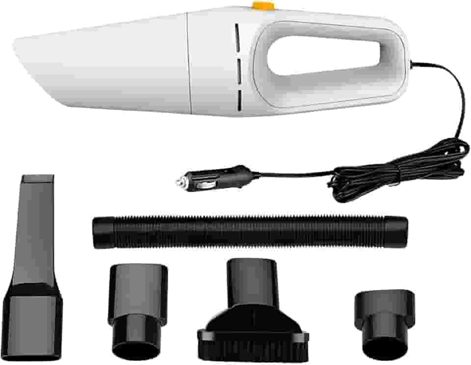 Aspirador de Pó Portátil para Carro, 120W, 12V, Branco, com Filtro Lavável, Cabo 4m, 4500Pa Sucção, Reservatório 200ml, Kit Acessórios