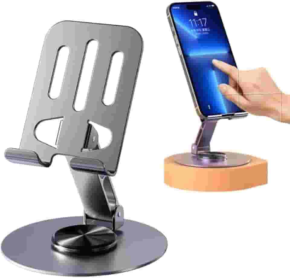 Suporte de Celular de Mesa em Alumínio com Base Rotativa 360° - Ajustável e Dobrável para Smartphones, iPhone, iPad e Tablets - Estável e Antiderrapante - Premium Metal