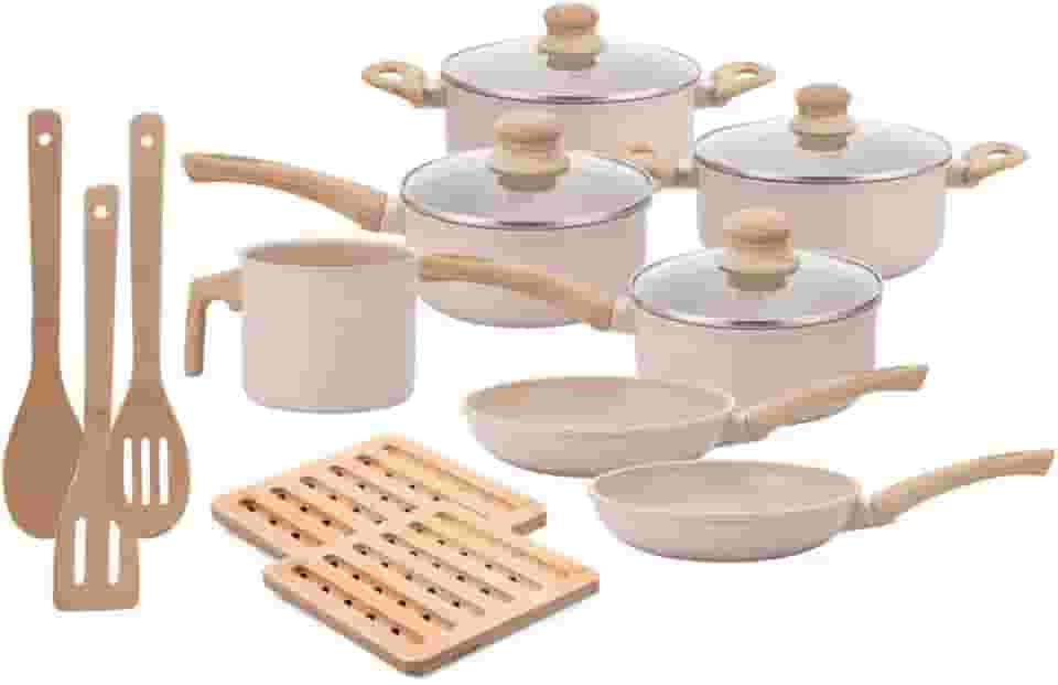 Jogo de Panelas Indução Antiaderente 12 peças, Revestimento Cerâmico, Alumínio Fundo Triplo (Vanilla)