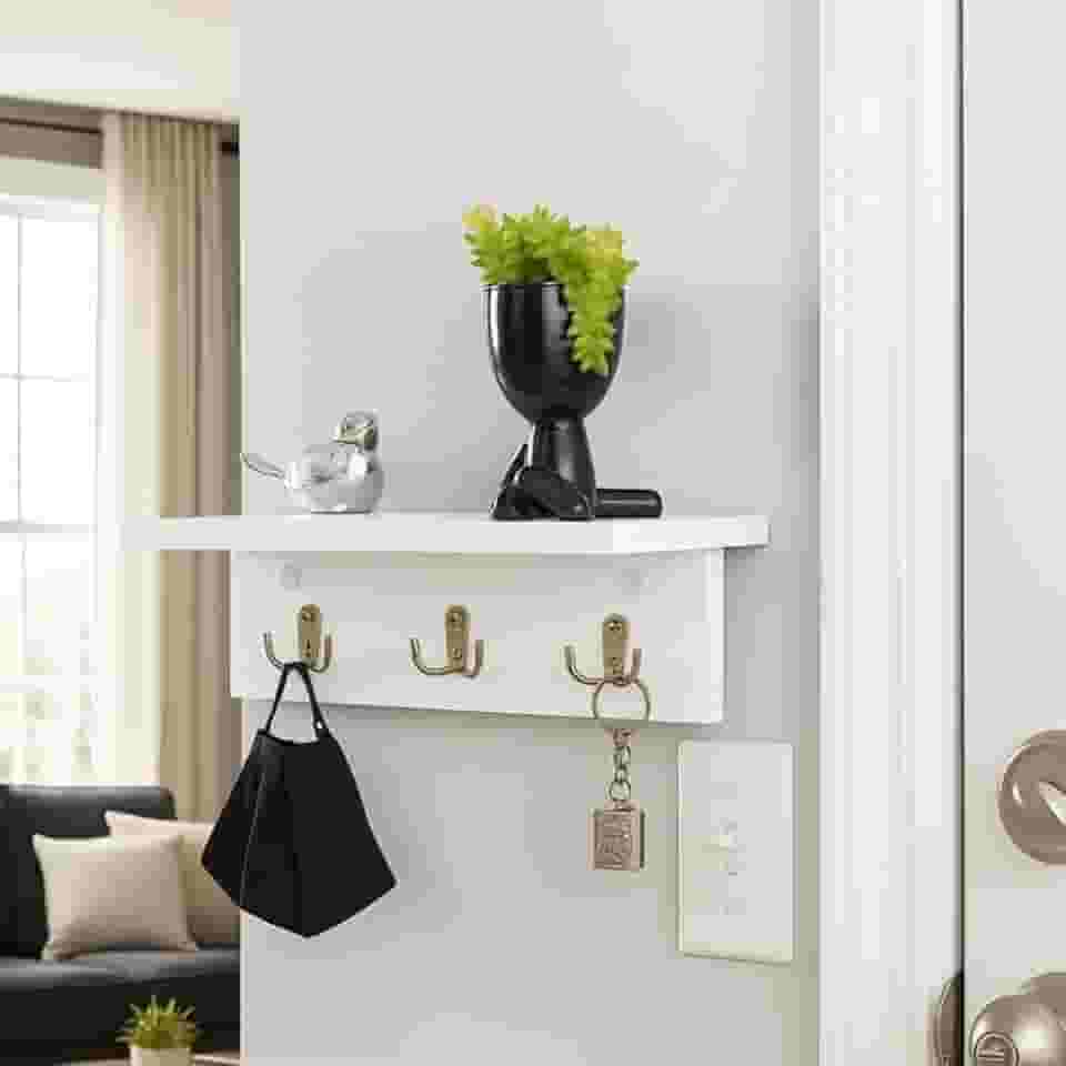 Porta Chaves de Parede com Prateleira em MDF - Chaveiro Decorativo - Organizador de Porta de Entrada - Prateleira para Chaves, Carteira e Óculos - UpShop (Branco)