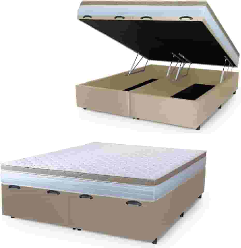 Cama Box Baú Casal King Colchão Com Molas Ensacadas 193x203x63cm Dunas Branco/Bege Hellen