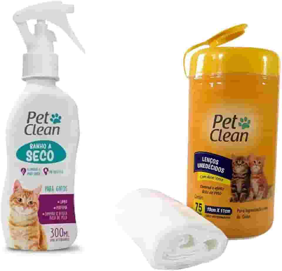 Kit Banho a Seco e Lenço umedecido para Gatos Limpeza Prática Neutralizador de Odor Pelos Brilhosos Diminui Bola de Pelo