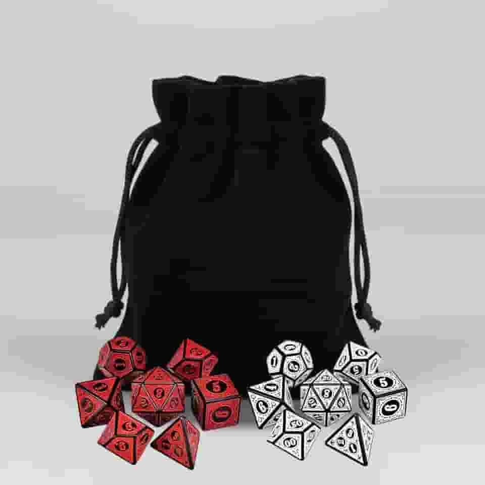 2 Kit 7 Dados Rpg Vermelho e Branco Runas D&d Boardgames Jogos de Mesa D4 D6 D8 D10 D10% D12 D20 + Bolsa de Veludo