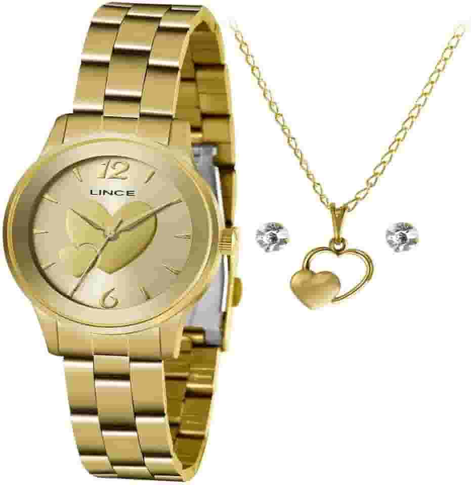 RELÓGIO LINCE FEMININO DOURADO CORAÇÃO+COLAR DE