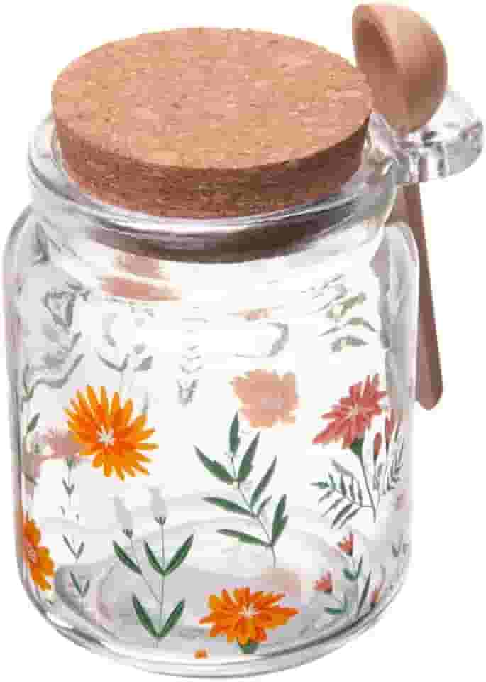 LYOR - Porta Mantimento Redondo de Vidro com Tampa e Colher de Bambu Flora 240ml - Organização de Alimentos