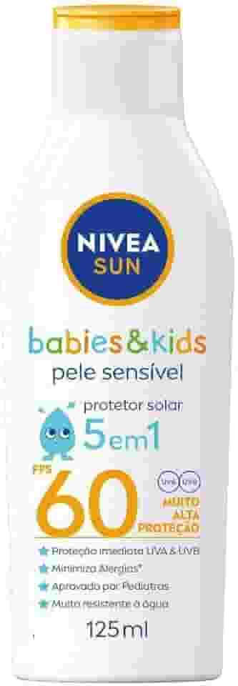 NIVEA SUN Protetor Solar Kids & Babies Pele Sensível FPS 60 125ml - Infantil, muito alta proteção UVA/UVB, minimiza o surgimento de alergias, muito resistente à água com proteção imediata