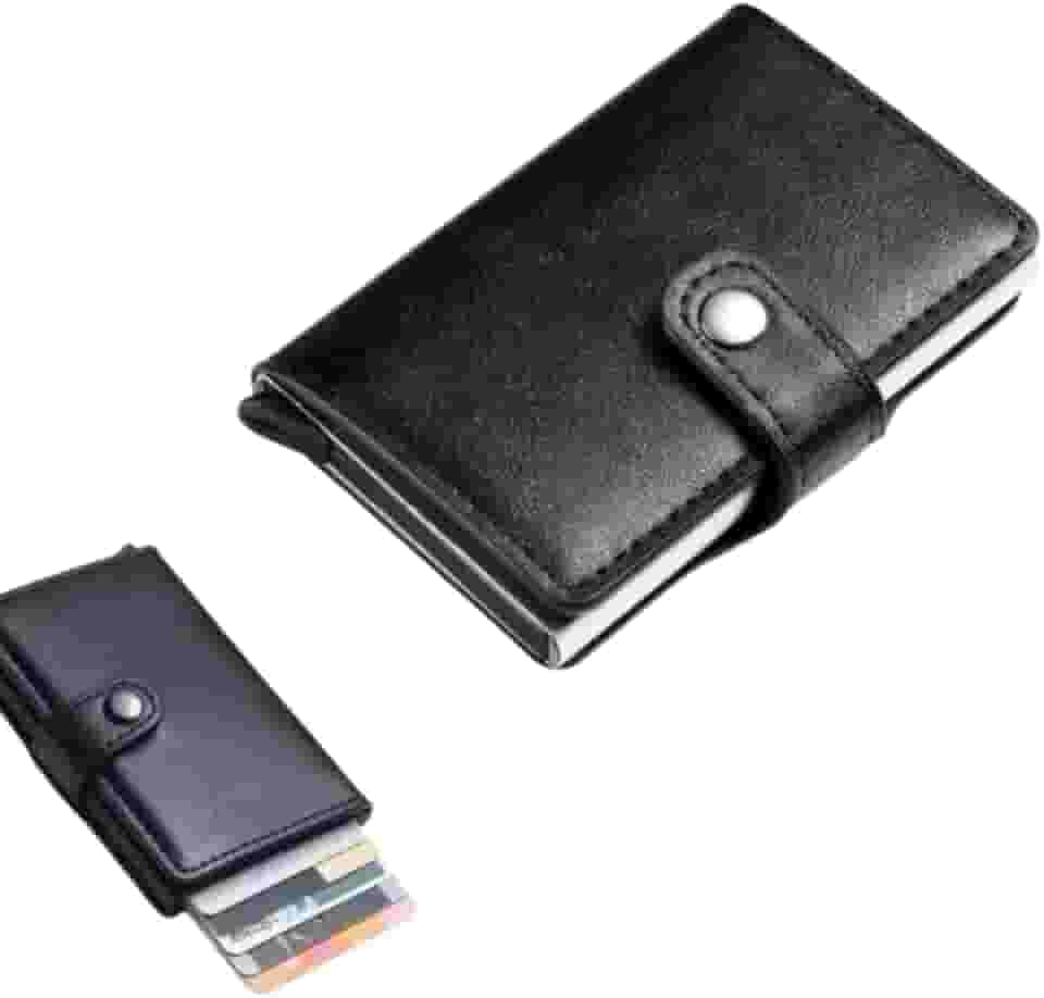 Carteira Slim com Proteção RFID, Couro, Porta Cartões com Pop-up Automático, Preto e Marrom, Design Minimalista, Proteçâo Contra Furto