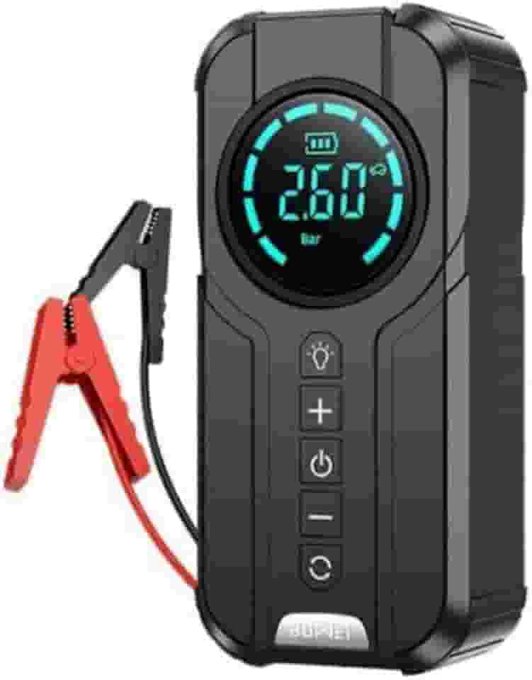 Carregador de Bateria Top Portátil 3 em 1 com Compressor de Ar para encher pneus, Luz de Emergência, Power Bank para Carro e Moto – Ideal para Viagens