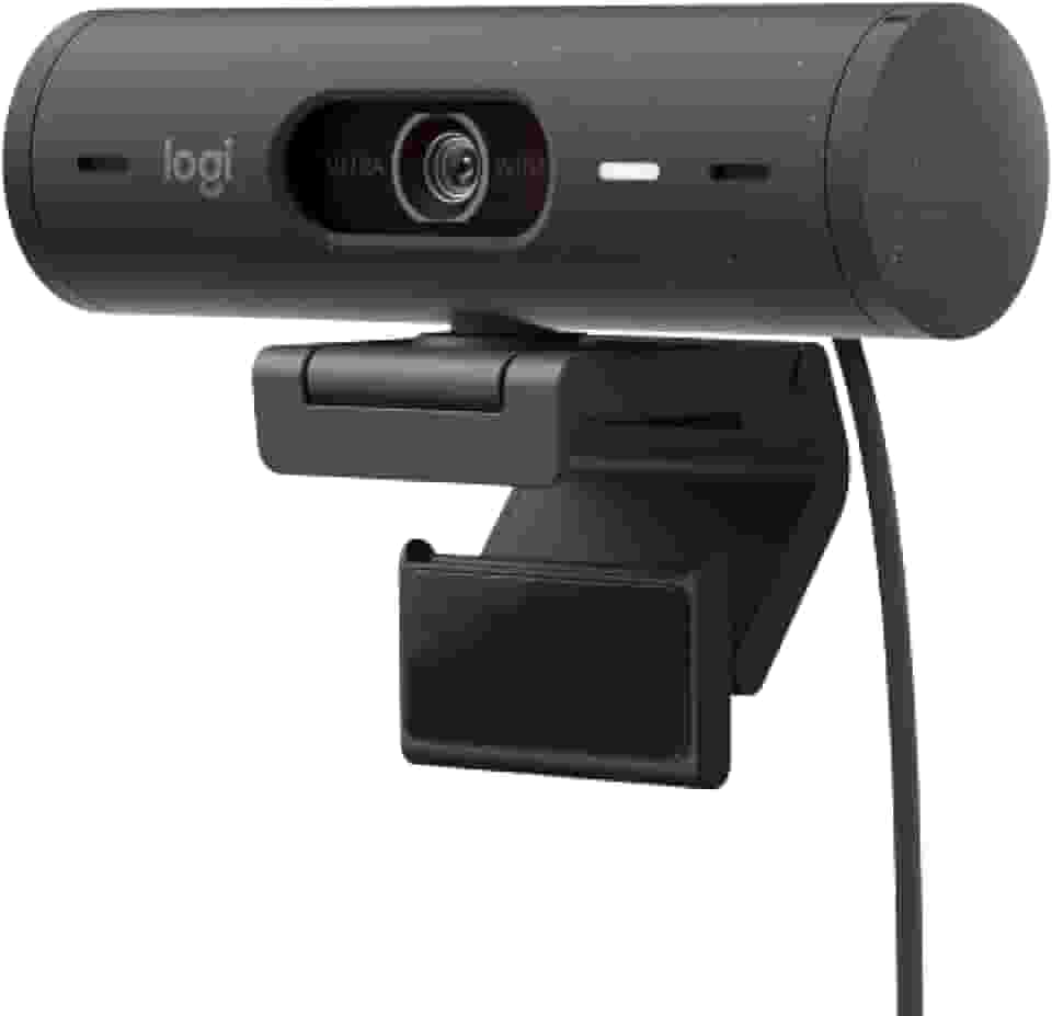 Webcam Full HD Logitech Brio 500 com Microfones Duplos com Redução de Ruídos, Proteção de Privacidade, Correção de Luz e Enquadramento Automático - Grafite