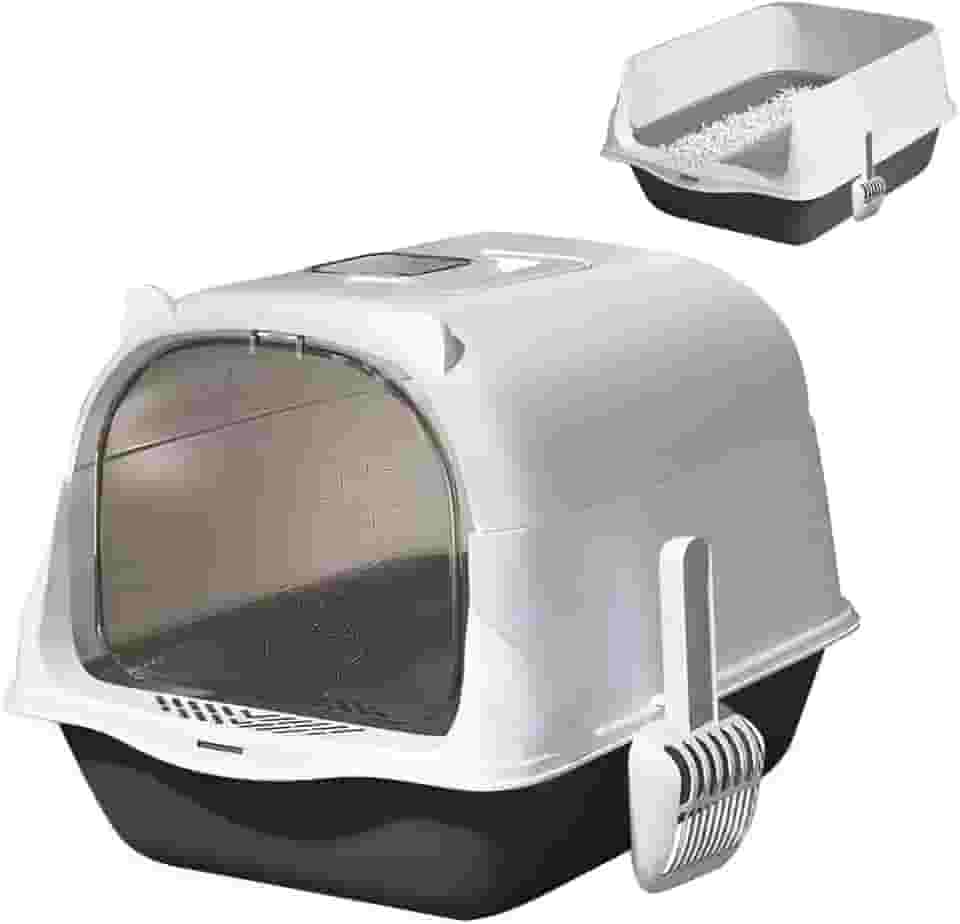 Caixa De Areia Fechada Para Gatos Grande Com Pá Higiênica Adequado Para Gatos De 0 A 30 Kg(Com colher de gato,Cinza)