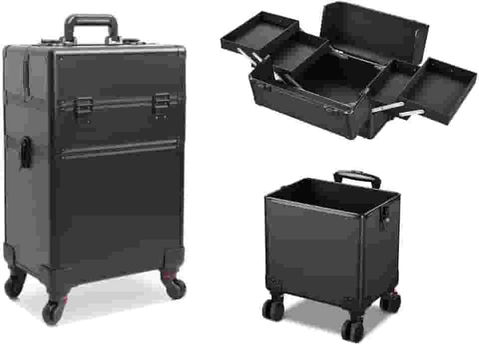 Maleta Mala de Maquiagem Profissional Com Divisórias e Rodinha 360 Graus 2 Andar Preta MS814 914P