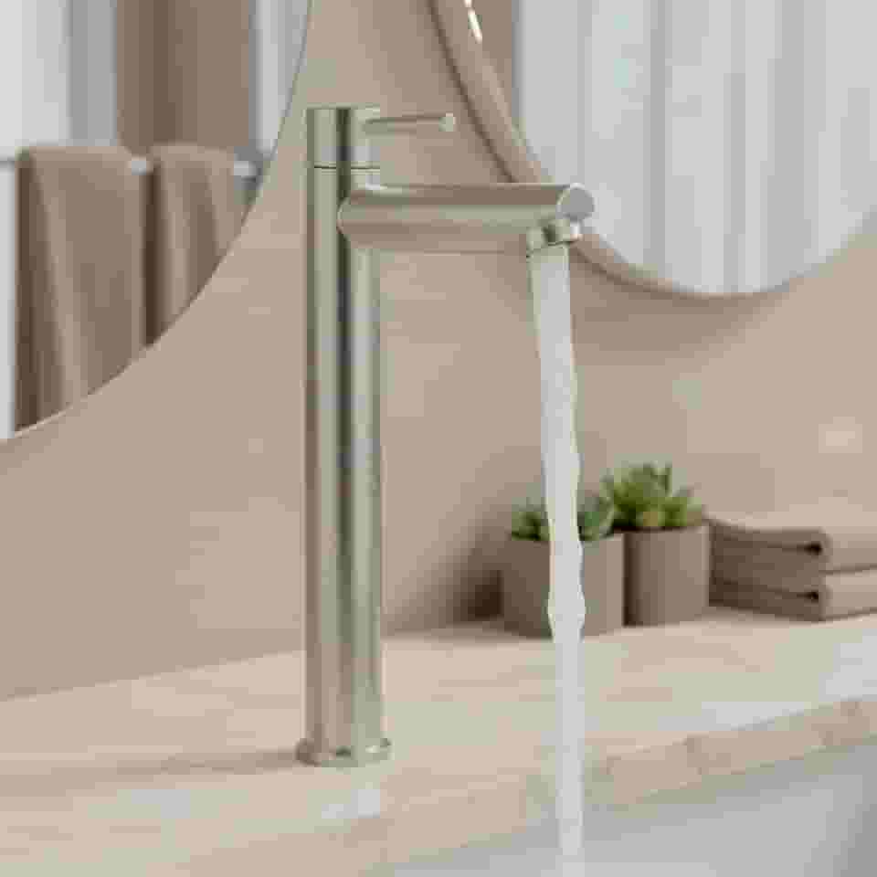 Torneira Para Banheiro De Mesa Bica Alta 1/4 De Volta Aço Inox 304 Elegance Beltempo (Aço Escovado)