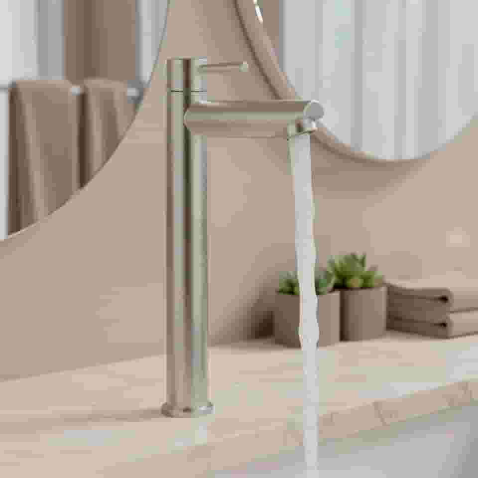 Torneira Para Banheiro De Mesa Bica Alta 1/4 De Volta Aço Inox 304 Elegance Beltempo (Aço Escovado)