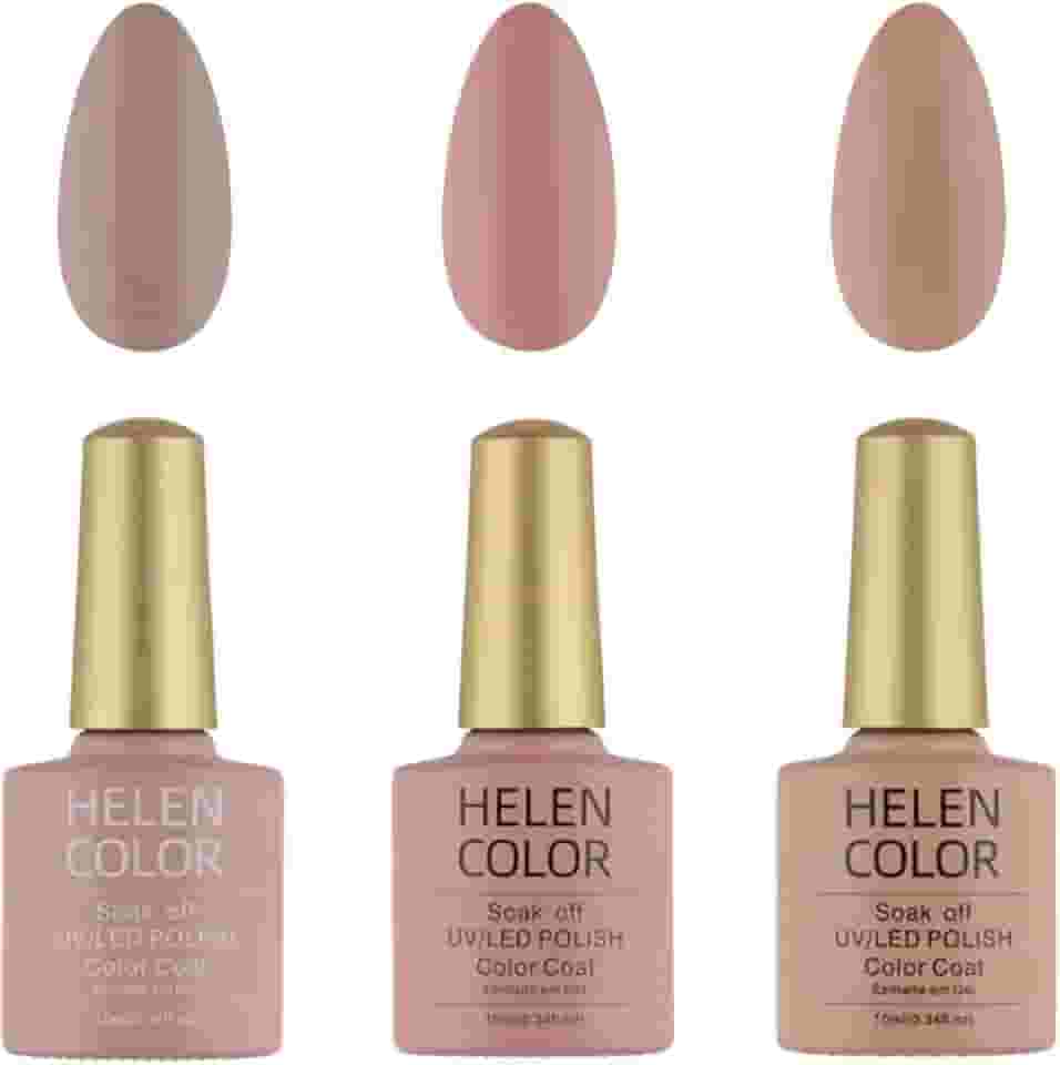 HELEN COLOR Kit 3 Esmaltes em Gel UV/LED 10ml Cada Frasco Secagem Rápida Alta Durabilidade Acabamento Brilhante (Nude)