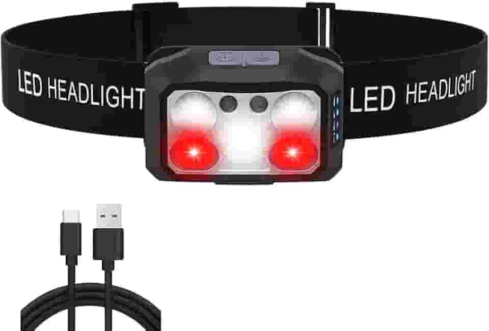 Lanterna de Cabeça LED Triplo 500 Lúmens Recarregável com Sensor de Movimento, 5 Modos de Iluminação, Bateria 1200 mAh e Design Prova D’Água para Camping, Corrida, Pesca e Uso Profissional