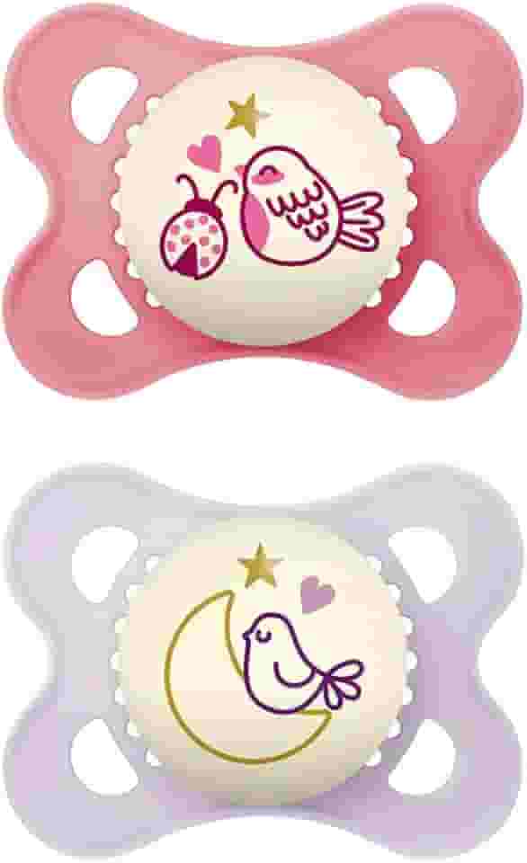 MAM Baby Kit Com 2 Chupetas Original Night Com Botão Que Brilha No Escuro, Bico de Silicone SkinSoft para Crianças 0-6 Meses Com Caixa Esterilizadora, Rosa