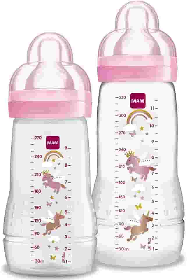 MAM Baby Kit 2 Mamadeiras Easy Active Set, 270ml e 330ml Com Formato Ergonômico e Fácil de Segurar para Crianças 2+ Meses com Bico de Silicone Skinsoft, Rosa