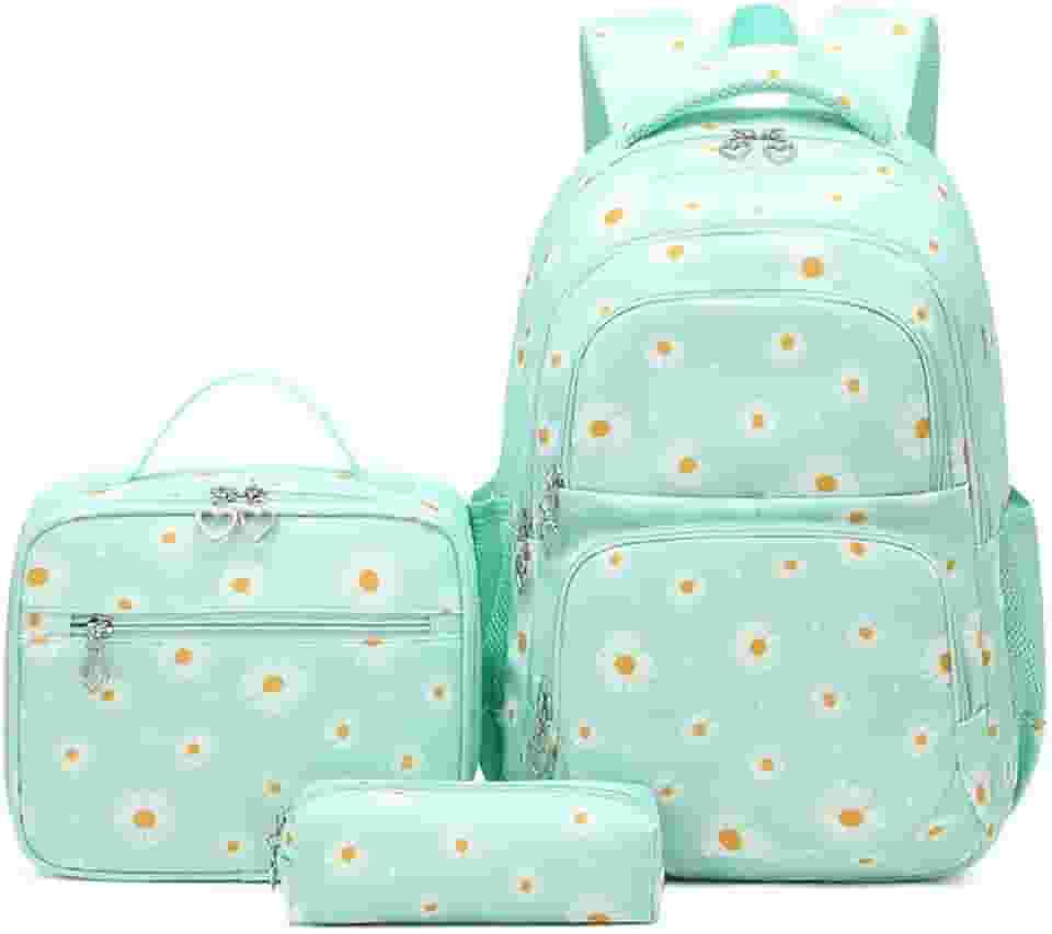 Conjunto de Mochila Escolar Feminina com Estampa de Margarida - 3 Peças com Bolsa de Almoço e Estojo de Lápis
