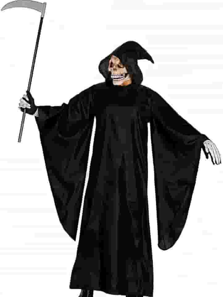 Fantasia Halloween Masculina Adulta Morte Panico Ceifador Medieval Túnica Longa Preta com Capuz