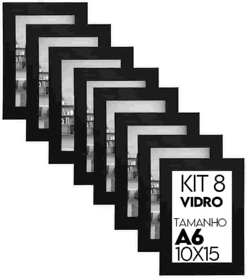 Kit 8 Porta Retrato 10x15 Moldura Fosca C/Vidro Comum (Preto)