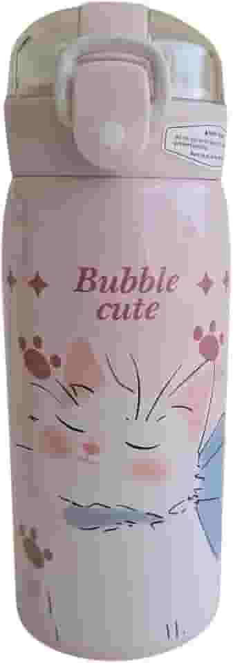 Garrafa Térmica Garrafinha Térmica Infantil Inox Canudo Trava 350 ml - Desenho dinossauro Coelho Carneiro Panda - TYDA (GATO ROSA)