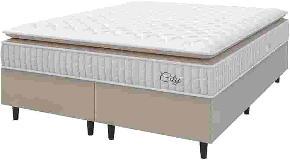Cama Box Colchão Casal King Molas Ensacadas City Pillow Top 193x203x61cm Bege/Branco Hellen - Suporta até 110kg por Pessoa