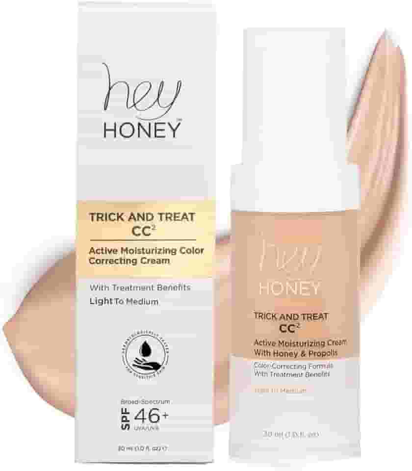 Hey Honey Truque e Travessura Cc Creme Spf 46 | Creme Hidratante Ativo Corretor de Cor com Mel e Própolis | Melhor Cobertura para Rosácea, Vermelhidão e Pele Madura | Livre de Crueldade | 1 Onça (Leve-Médio)