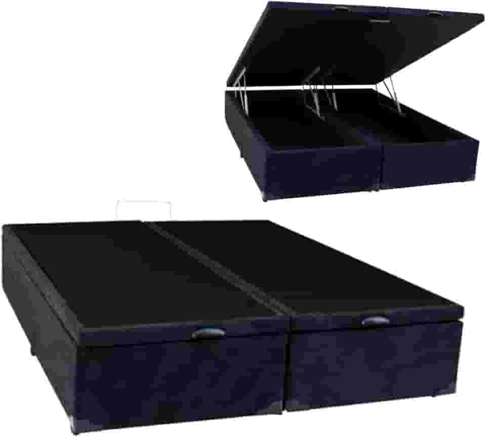 Cama Báu Box Base King Size Bipartido Suede Preto, RC. 203x193 com Pistão a Gás.