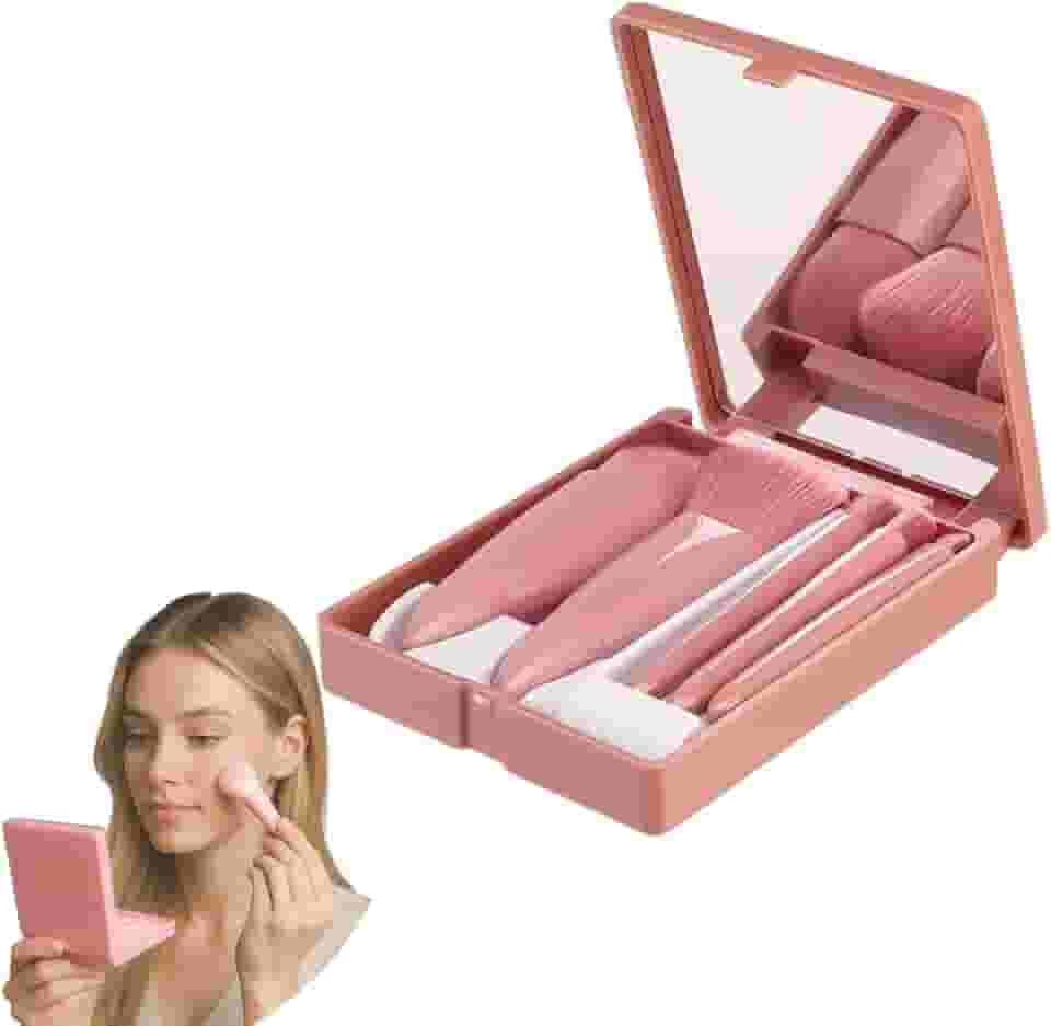Kit 5 Pincéis de Maquiagem com Estojo e Espelho Portátil Possui Cerdas Macias Ideiais para Base, Pó, Blush, Sombras e Corretivo, Perfeito para Levar na Bolsa e em Viagens