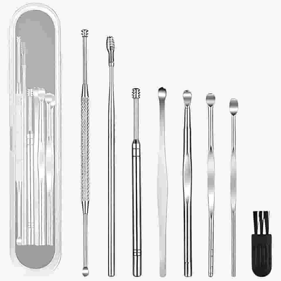 Kit 8 Peças Removedor De Cera De Ouvido Inox Com Estojo – Espátula, Cureta, Espiral, Escova Reutilizável