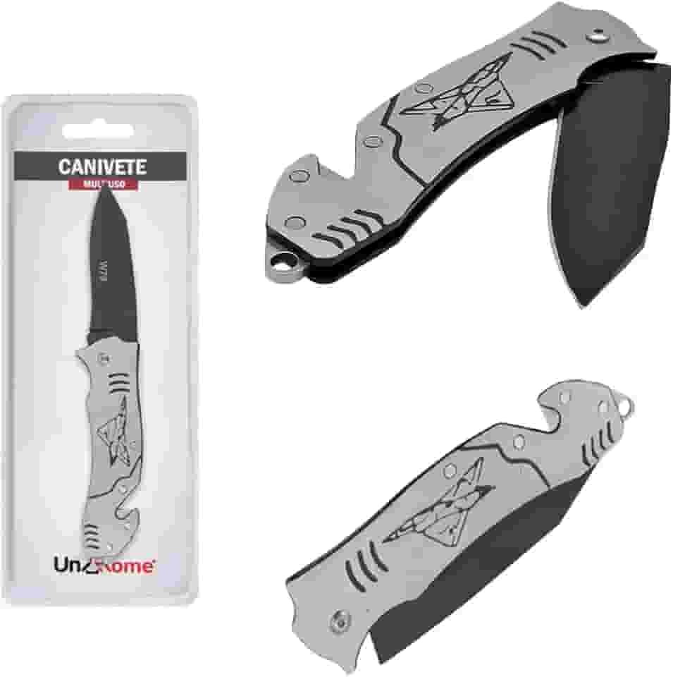 Canivete Multiuso Aço Inox Retrátil Dobrável Portátil 17cm - Cinza