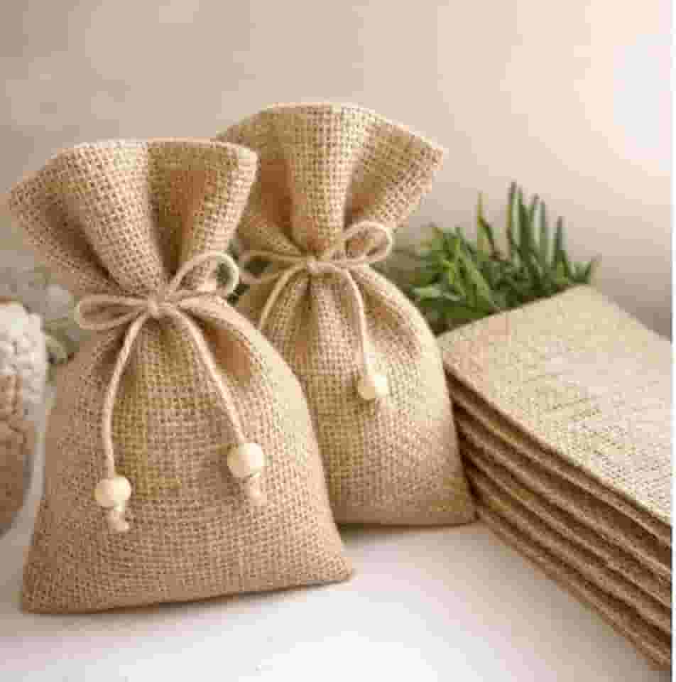 Saquinhos de Juta Natural, 10x15 cm, com Pingente em Madeira 12unidades