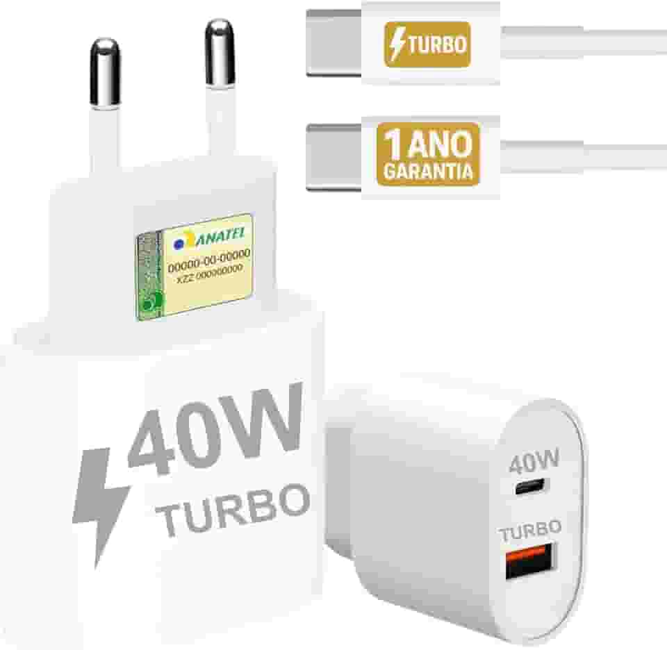 Carregador Turbo 40W Compatível iPhone 17 Air 17 Pro 17 Pro Max 16 16 Pro 16 Pro Max 15 15 Pro 15 Max iPad iOS Cabo USB-C Celular Tipo-C Duas Saídas USB-A Rápida PD Ultra Resistente Original 10CLICK®