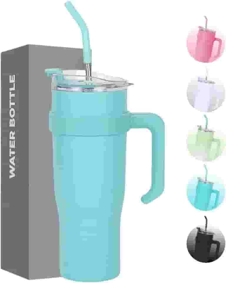 Copo Caneca Térmica de Inox à Vácuo Com Alça e Canudo 1200ml (Copo Virgínia) (Turquesa)